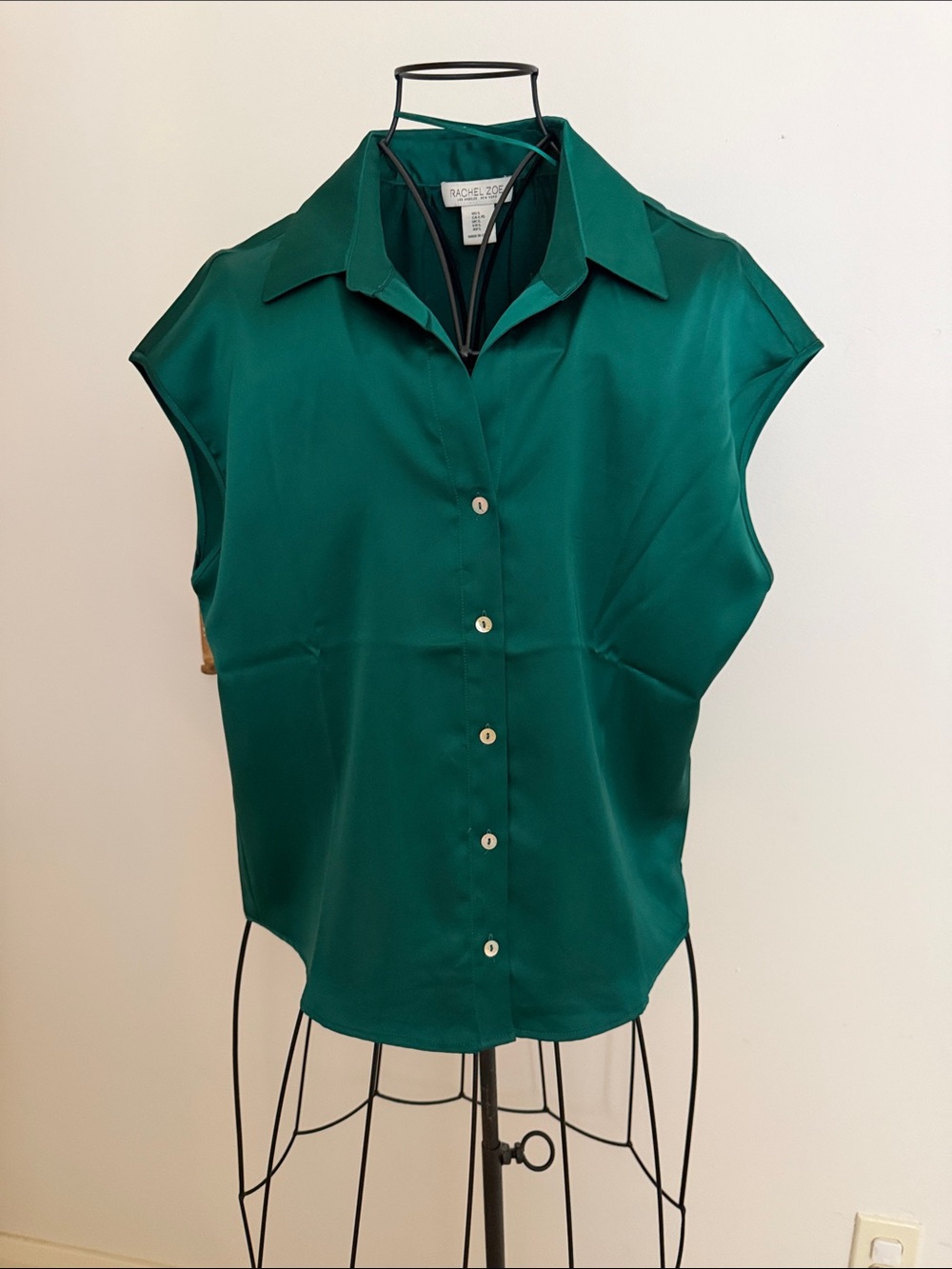 Rachel Zoe Deep Green Cap Sleeve Button-Down Blouse